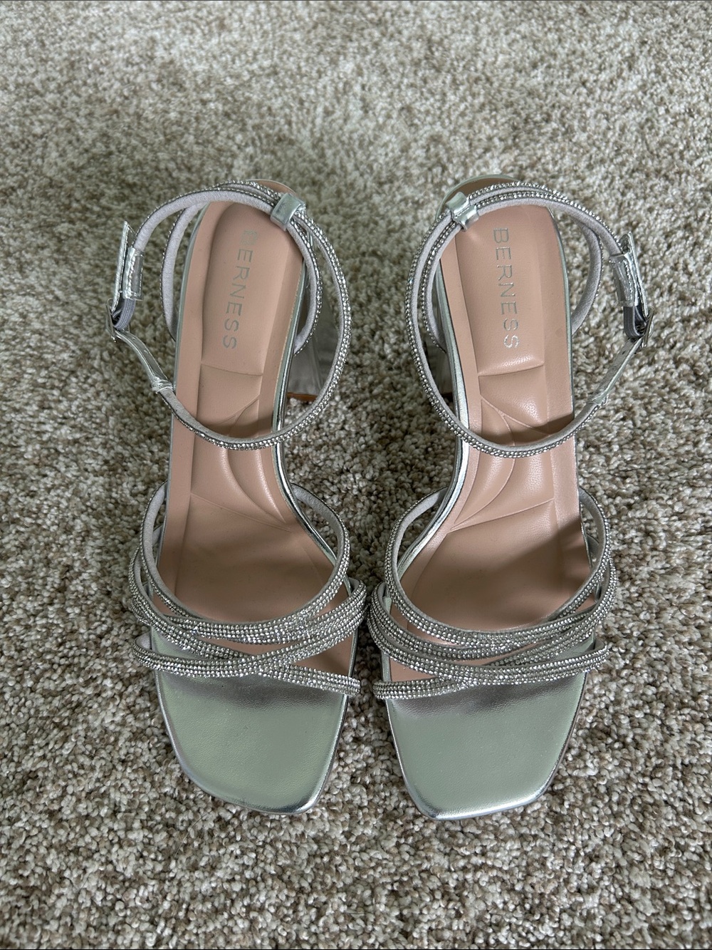 BERNESS Silver Rhinestone Strappy Ankle-Heel Sandals